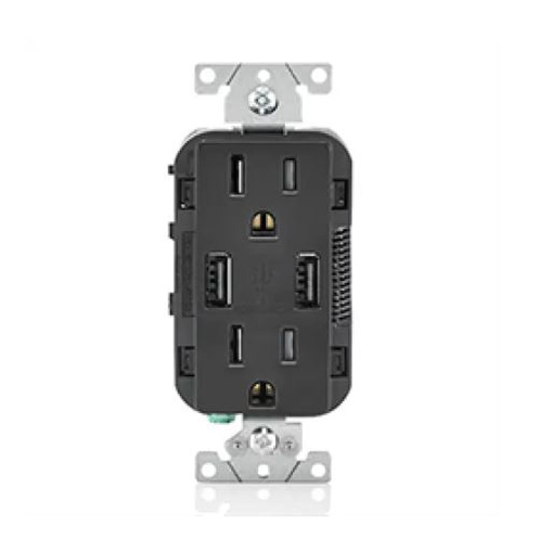Leviton Decora Receptacle with 2 USB Charging Ports Black